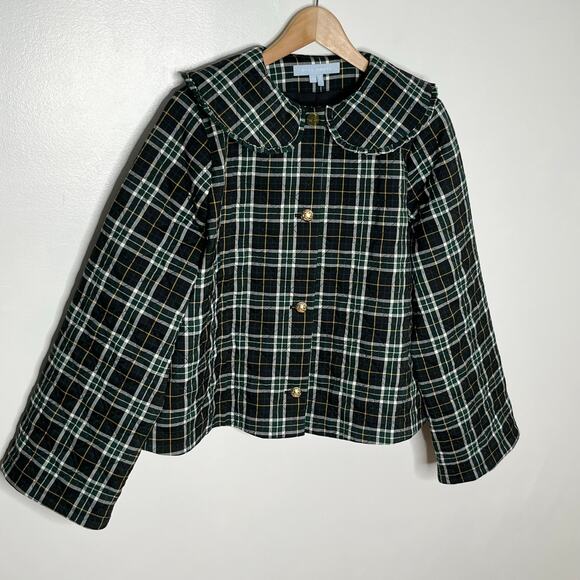 Hill House Quilted Jacket Womens Large Black Green Plaid Pockets Collared READ - Picture 3 of 11